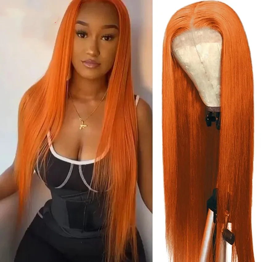 Laranja Ginger Color sem Lace Front Perucas Pré Depenadas Brasileira reta 180% Densidade sem cola Peruca sintética para mulheres