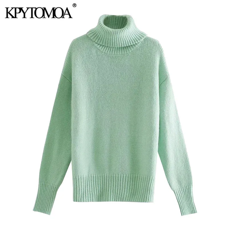 Women Fashion Soft Touch Loose Knitted Sweater Vintage High Neck Long Sleeve Female Pullovers Chic Tops 210416