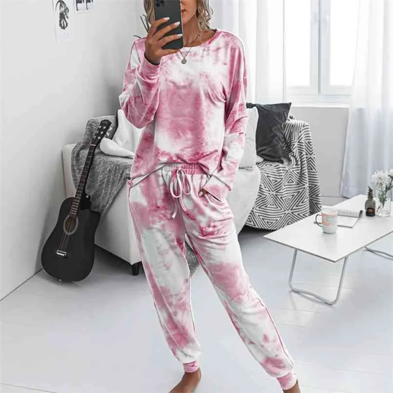 Modeutskrift Höst vinteruppsättningar Kläder Kläder Casual Home Wear Långärmad Skjorta Kvinnors Passar Två Piece Set Top And Pants 210508