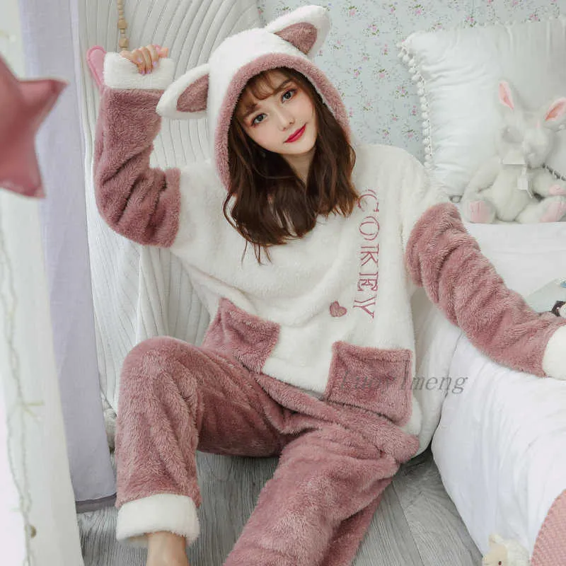 Pijamas mulheres coelho adulto animal pijama pijamas de inverno grosso chão  quente pijamas mujer sleepwear anime personales home noite desgaste 210622