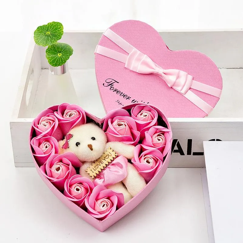 New 2020 Valentines Day Flowers Soap Flower Gift Rose Box Bears Bouquet Wedding Decoration Gift Festival Heart-shaped Box HH9-3545