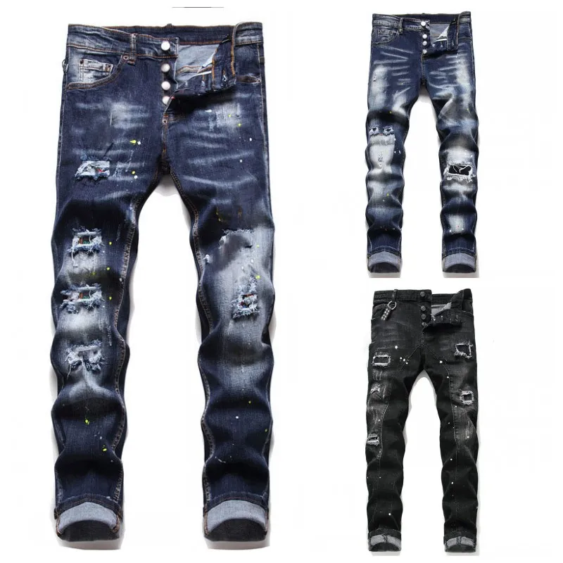 Herr designerjeans Distressed Ripped Biker Slim Fit Washed Motorcykel Denim jeans Herr Hip Hop Mode Man Cool Rips Stretch Byxor T1019