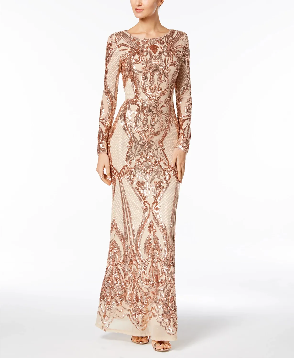 2022 Elegant Glitter Sequined Mermaid Long Sleeve Occasion Dress for Women - Long Sleeve Crew Neck Gown with Champagne Finish, Floor Length for Prom