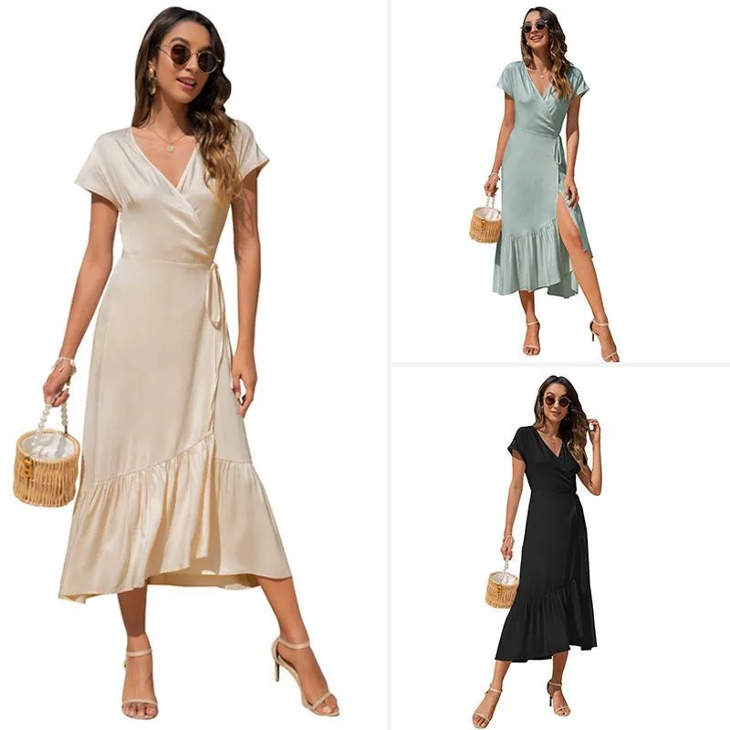 Sommer Solide Strandkleid Frauen V-ausschnitt Kurzarm Lange Böhmische Kleid Casual Lace Up Split Rüschen Maxi Sommerkleid Vestidos damen 210507