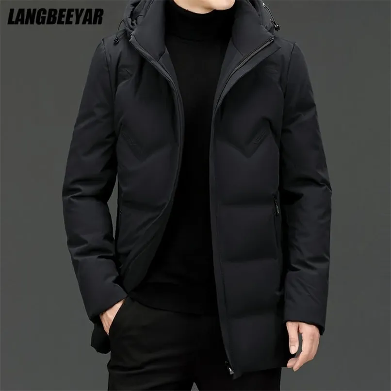 High End Marka Casual Moda Długie 90% Męskie Duck Down Kurtka z kaptur Czarny Windbreaker Puffer Coats Winter Mens Odzież 211206