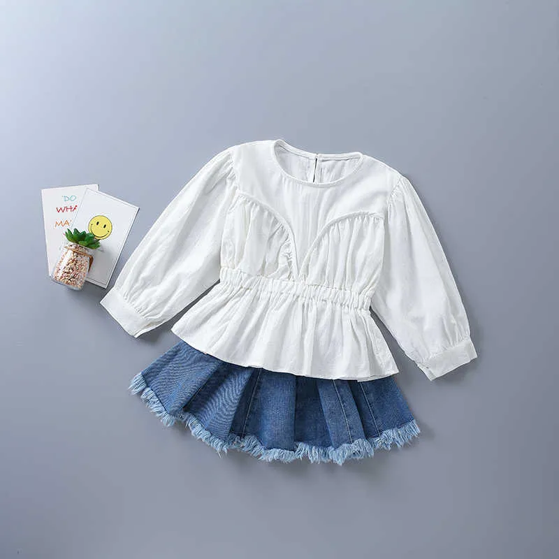 2-7年高品質の女の子服セット秋のカジュアルなティアリングRuchedソリッドシャツ+短いデニムスカート子供Clot 210615