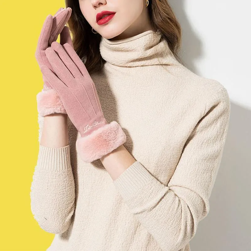 Vente Gants de conduite d'hiver Style romantique français Poignet en peluche Chaud Cachemire Épais Femmes Mitaines Cinq doigts Gants d'écran tactile1