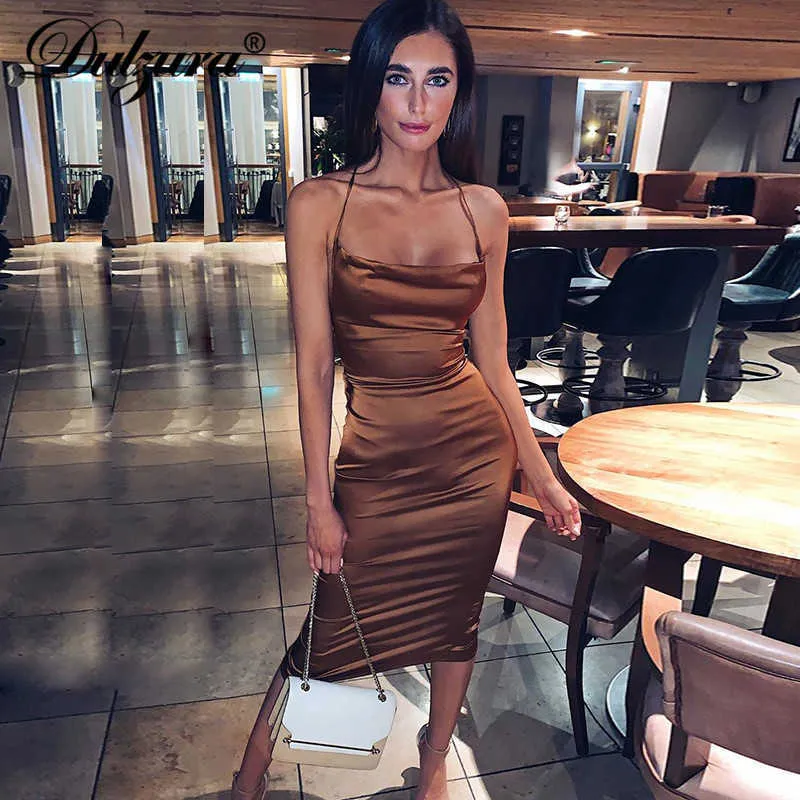 Dulzura Neon Satin Lace Up Kobiety Długie Midi Dress Bodycon Backus Eleganckie Party Sexy Club Odzież 2021 Letni obiad strój X0705