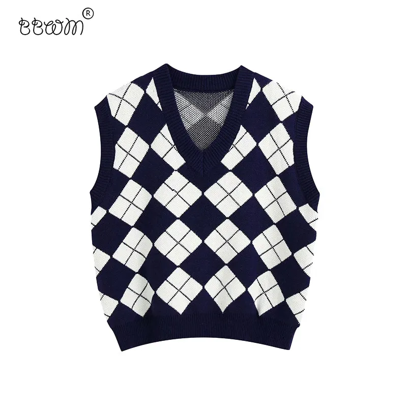 Dames Engeland Stijl Argyle Gebreide Vest Vintage V-hals Mouwloze Losse Trui Meisjes Chic Tops 210520