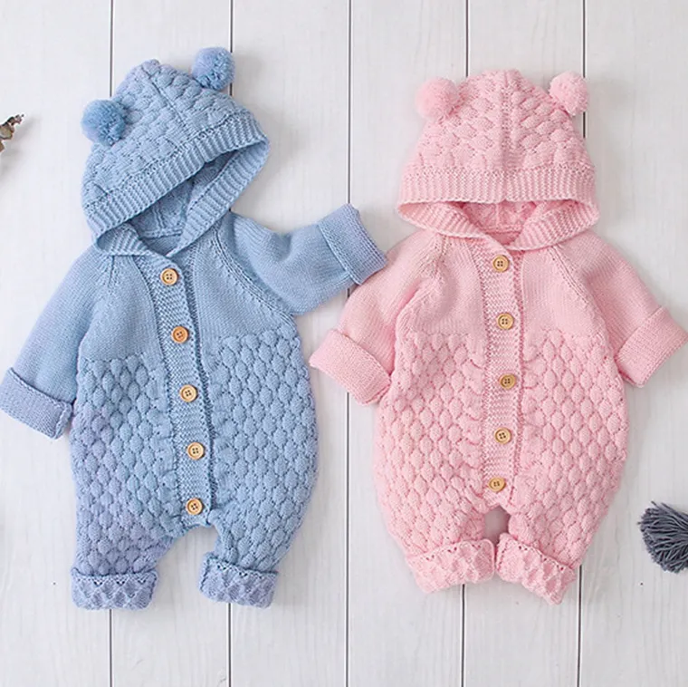 Vinter baby rompers tecknad björn stickade pojkar jumpsuits långärmad toddler tjej hooded tröja barn kläder 4 färger 30pcs dw4479