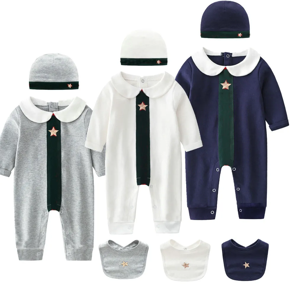 綿 100% 最高品質の子供ストライプロンパース赤ちゃん男の子女の子 1-2 歳新生児クラシックレッドグリーン高級新生児長袖ジャンプスーツ帽子よだれかけ 3 点セット