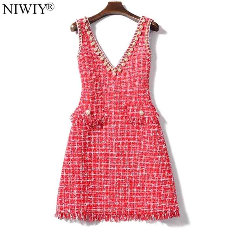 NIWIY Brand Dress Spring V-neck Tweed Sexy Woman Dress Sleeveless Evening Party Lolita Dress Kerst Jurk Ropa Mujer K9127 210331