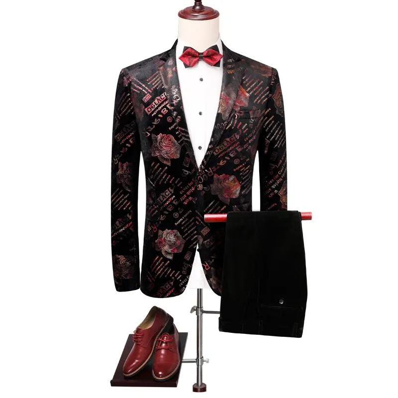 Classic Vintage Groom Men Suits 2021 Fashion Party Event Business 2 Pcs Blazer Pants Set Plus Size Printing Slim Fit Men's & Blazers