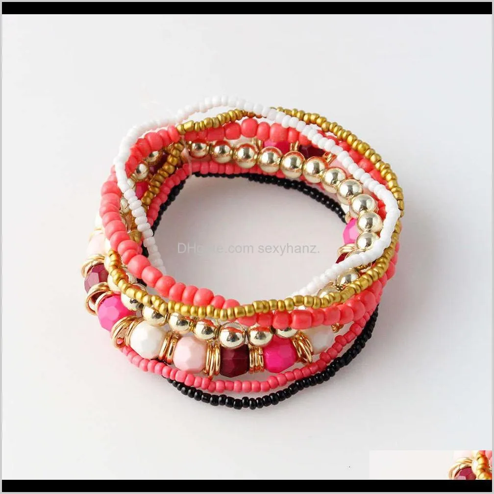 b095 bohemian national style beaded multi layer rice bead mixed color elastic bracelet