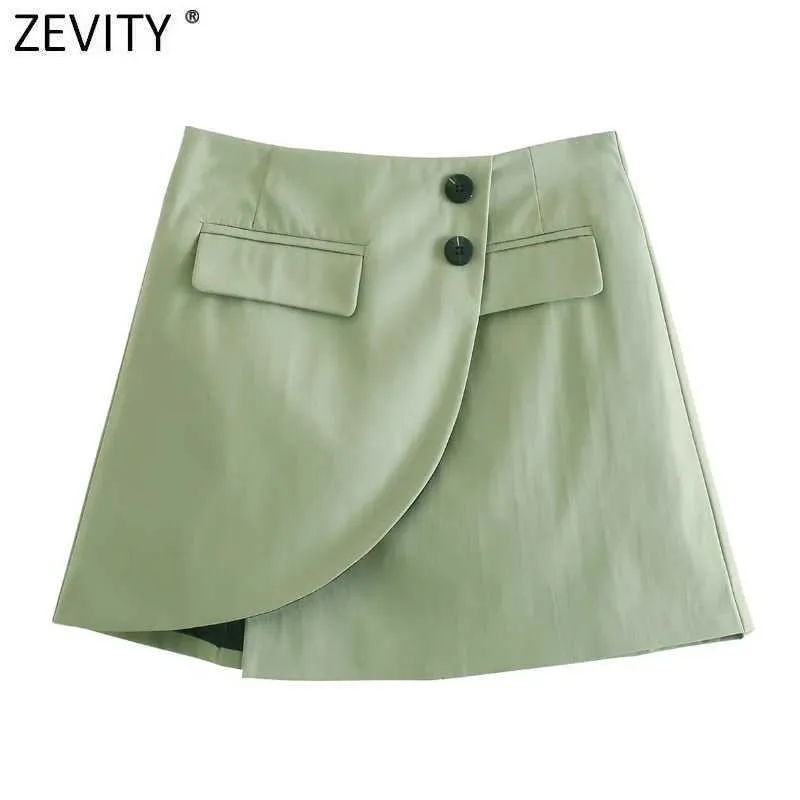 Zevity女性ヴィンテージソリッドカラーボタンアップ裾の不規則なラップスカートファルダムハヤーの女性バックジッパーカジュアルスリムvestidos QUN781 210603