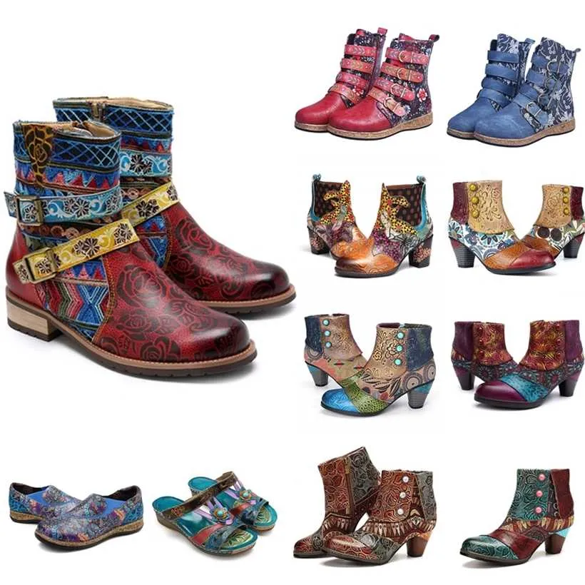 Vintage Splicing Printed Ankle Boots For Women Shoes Female PU Leather Retro Block High Heels Bohemian Ladies Winter Short 220106