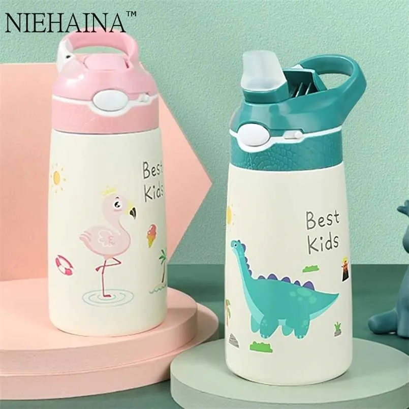 400ml Kids Thermos Mug Baby Duckbill Straw 316 Rostfritt stål Vakuumflaskor Barn Värmevattenflaska Tumbler Thermocup 211109