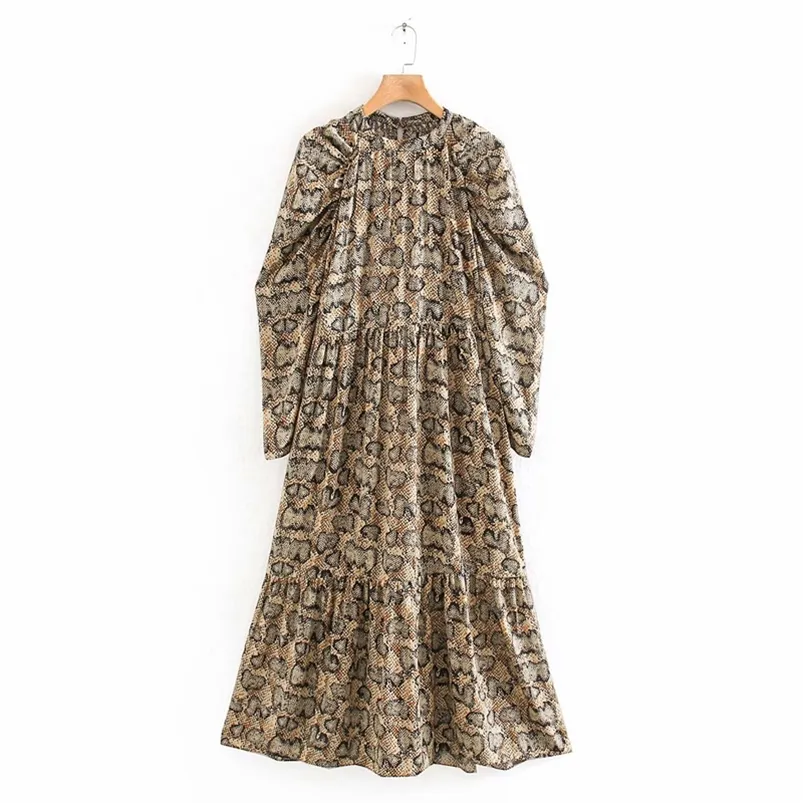 Summer Donne Snake Print Dress Abito manica lunga O-Collo Vintage Mid-Vifal ES femminile Elegante Street Fashion Vestidos 210513