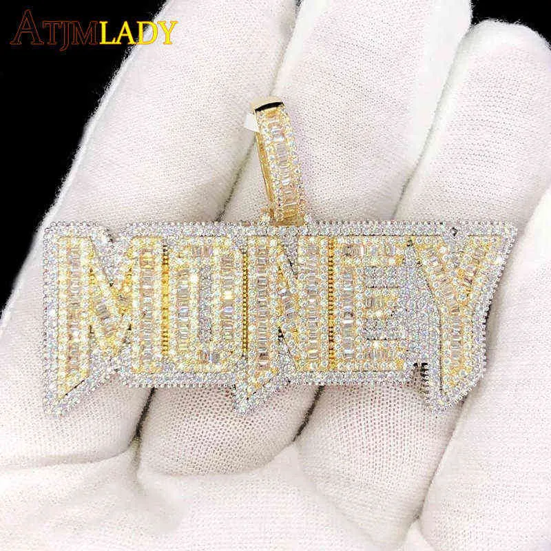 Iced Out Bling 5A CZ Paved Gold Color Letter Money Pendant Necklace With Long Twist Rope Chain For Woman Men Hip Hop Jewelry 220121