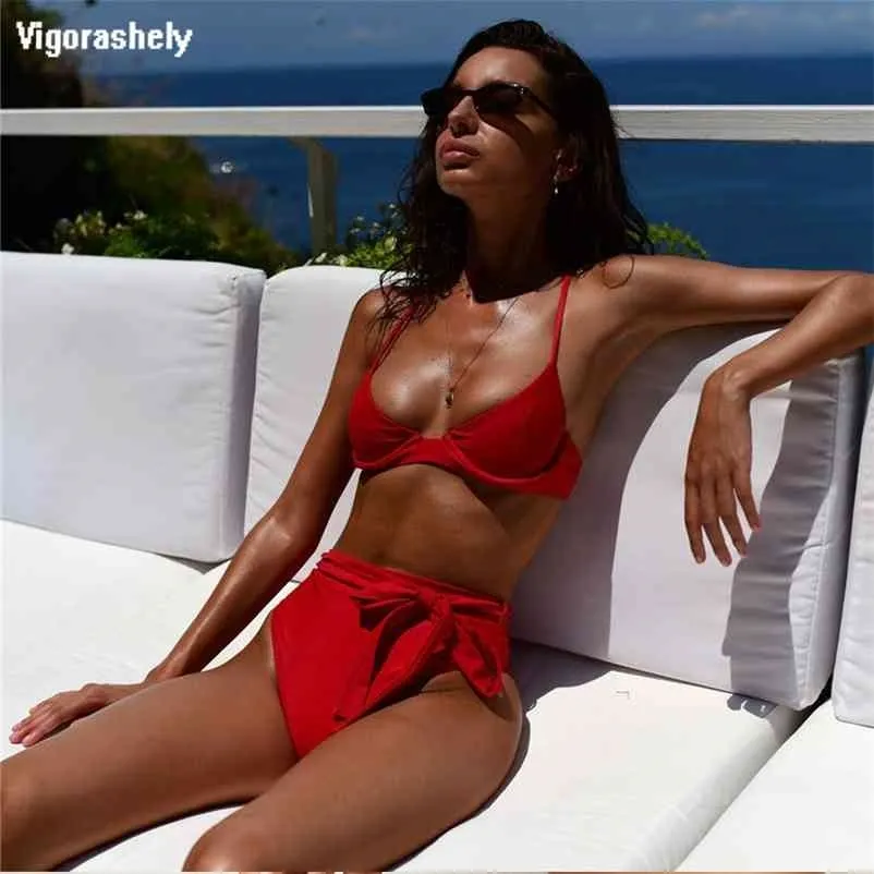 Vigoshely Sexy Red Push Up Bikini Высокая талия Купальник Женщины Завязанные Верхние Днивые Купальники Набор для купания Купальники Плавать 210621