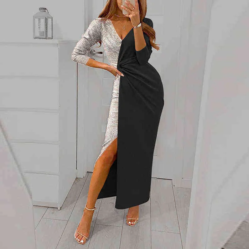 Fashion Patchwork Sequin Glitter Shiny Party Dress Women Sexy Deep V Neck Long Dress Sring Fall Casual Long Sleeve Slit Dresses Y1204
