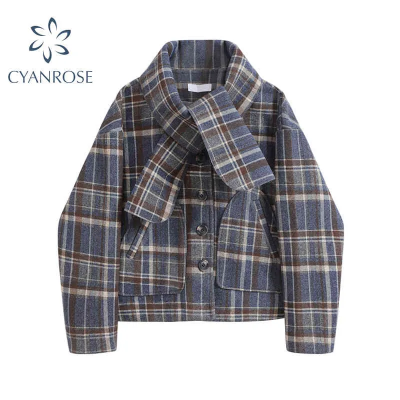 Women Woolen Plaid Coat With Pockets Long Sleeve Loose Jacket Scarf Collar Casual Winter Clothing Thicken Ladies Tops Outerwear 210417