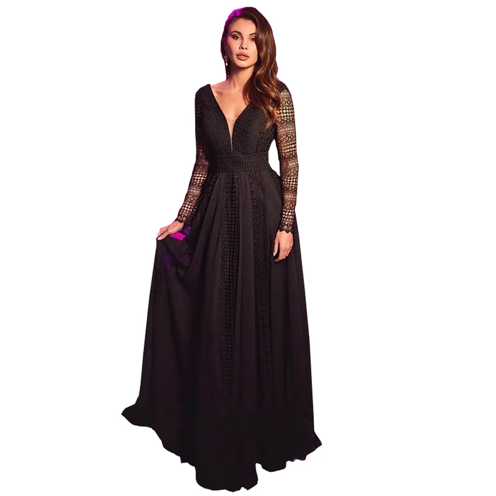 2022 Black Long Sleeves Evening Dresses Winter Chiffon Lace Plunging V-neck Prom Dress Girls Special Occasion Formal Gowns