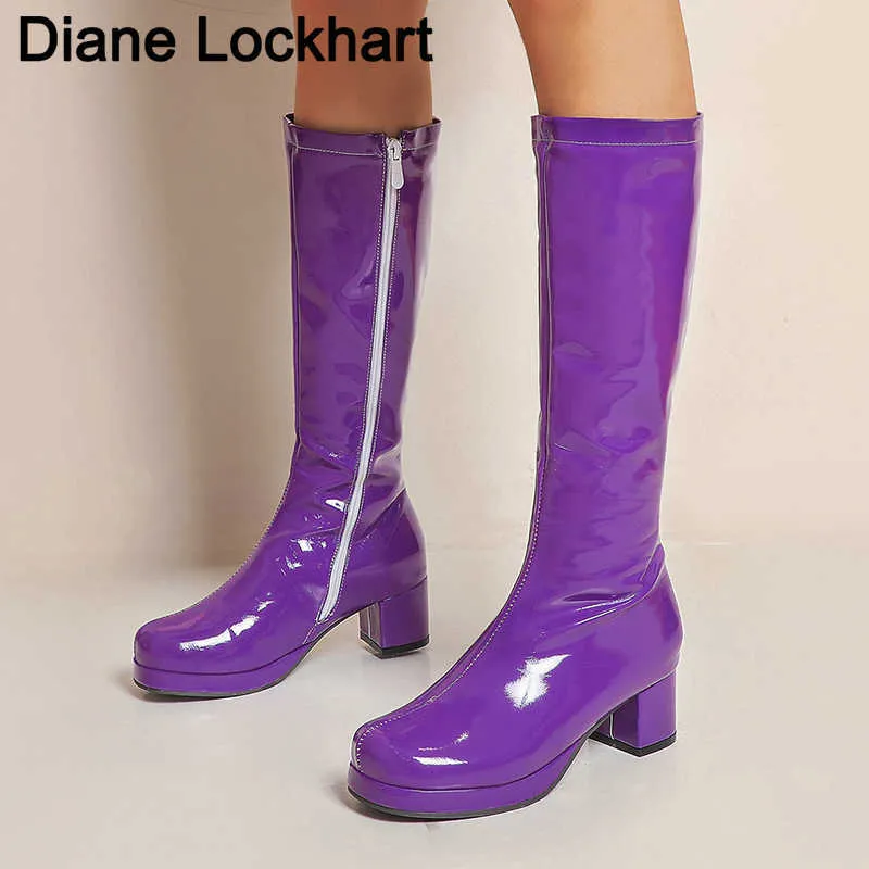 Hot Woman Gogo Botas de Salto Quadrado Knee-High Boots Clássico Quadrado Toe Botas Pu Vestido De Couro Vestido Longo Boot Fetish Sapatos Femininos H1009