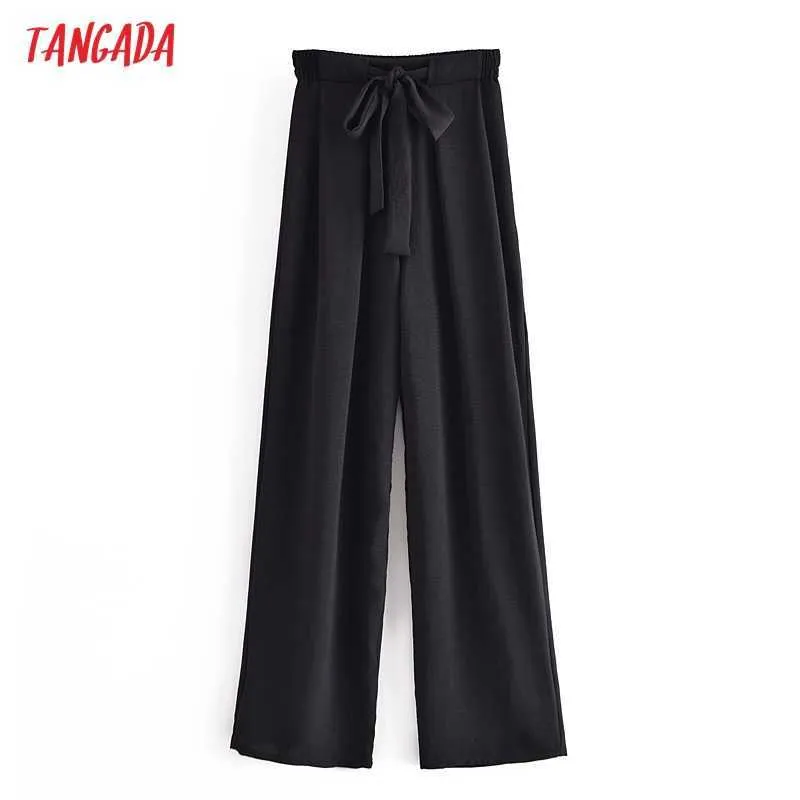 Tangada kvinnor båge svart långa byxor byxor vintage stil strethy midja dam byxor pantalon qn103 210609