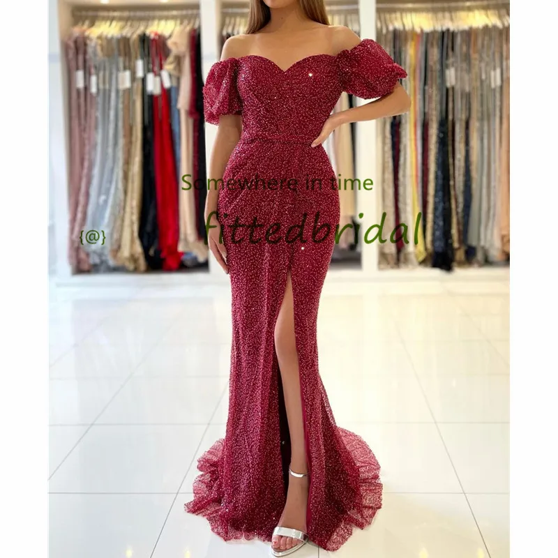 2020 Glitter Burgund Pailletten Meerjungfrau Prom Kleider Sexy Afrikanische Promi Cocktail Party Kleid Türkische Islamische Front Split Abendkleider