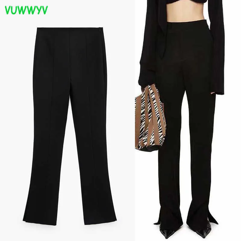 VUVUWWYV Za 2021 noir Indie Flare pantalon femmes taille haute mode Streetwear évents latéraux femme pantalon esthétique femme pantalon Q0801