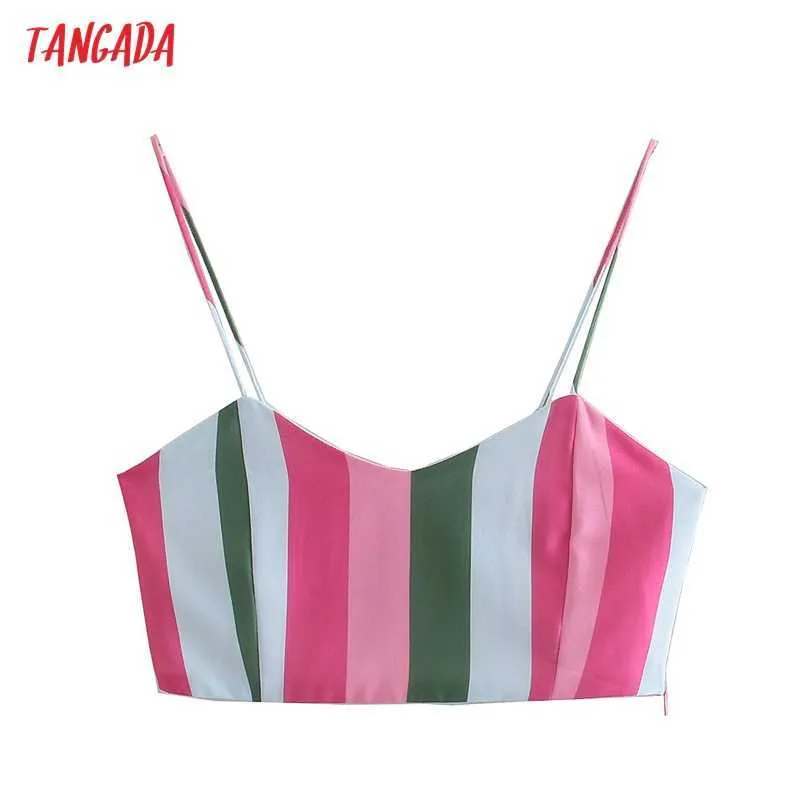 Tangada Women Striped Camis作物作物トップスパゲッティストラップノースリースバックレスショートブラウスシャツ女性カジュアルトップスQD45 210609