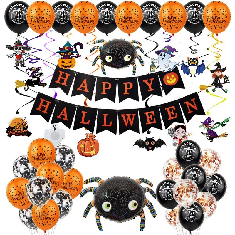 Halloween Balloon Arch Garland Kit - Blue & Orange Decor With BOO Bats Pumpkin Foil Balloons