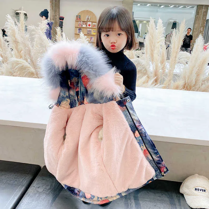 2021 새로운 겨울 아기 ​​소녀 지퍼 파카 재킷 어린이 큰 모피 칼라 방풍 코트 아이 의류 TZ948 H0909