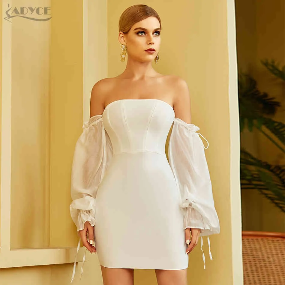 Höst White Off Shoulder Bandage Dress Sexig Strapless Långärmad Lace Kvinnor Club Celebrity Runway Party Dresses 210423