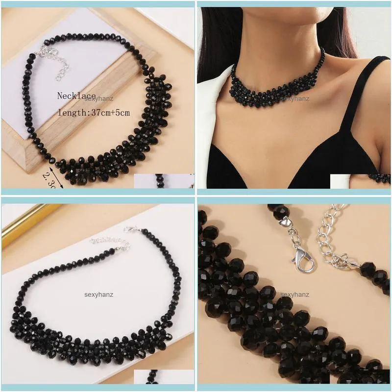 Fashion Women`s Handmade Beaded Black Crystal Chokers Necklaces For Ladies Grid Shape Geometric Necklace Party Jewelry Gifts