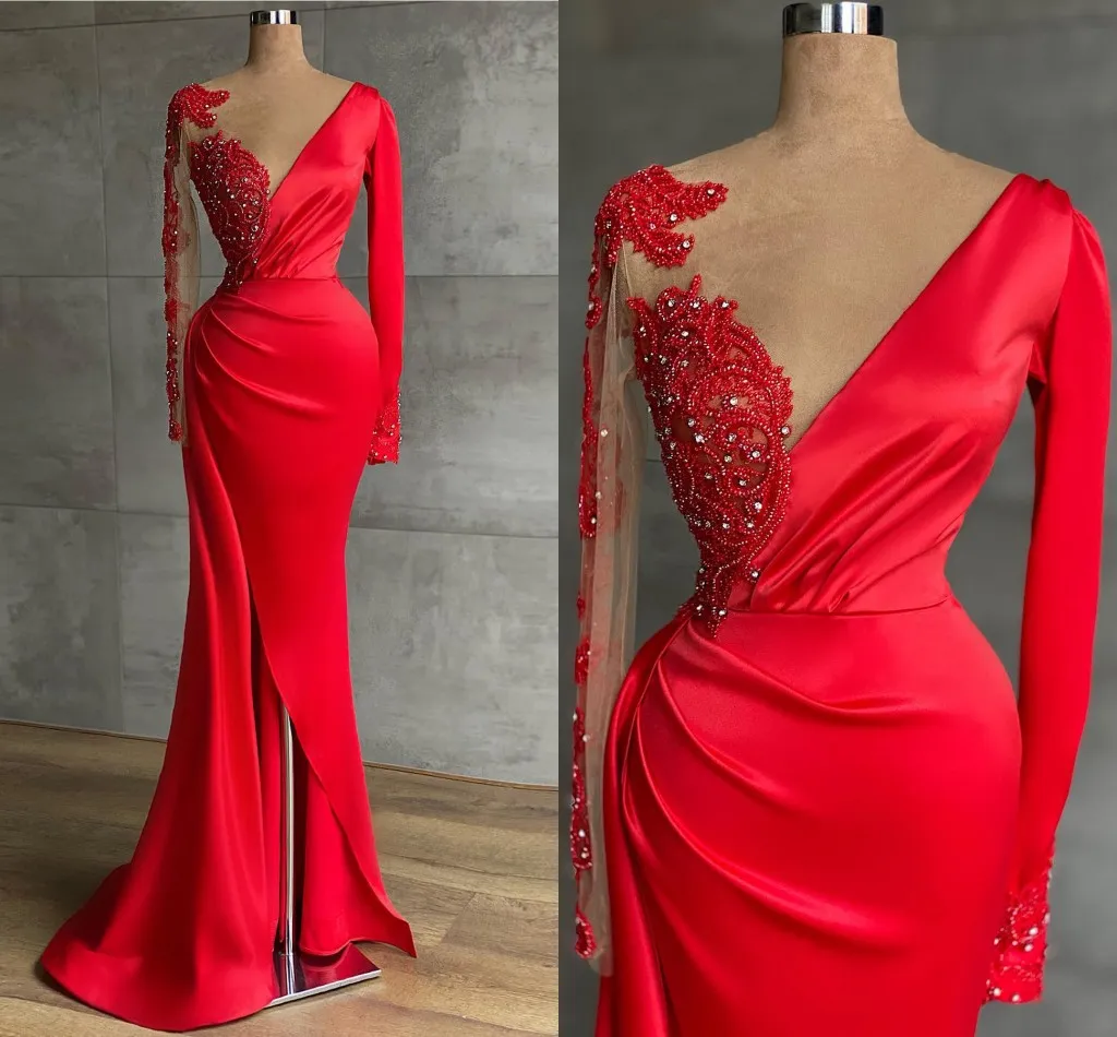 Alternative Red Mermaid Evening Dresses Full Sleeves Long Shiny Crystal Beaded Formal prom Party Dress Split Gowns robes