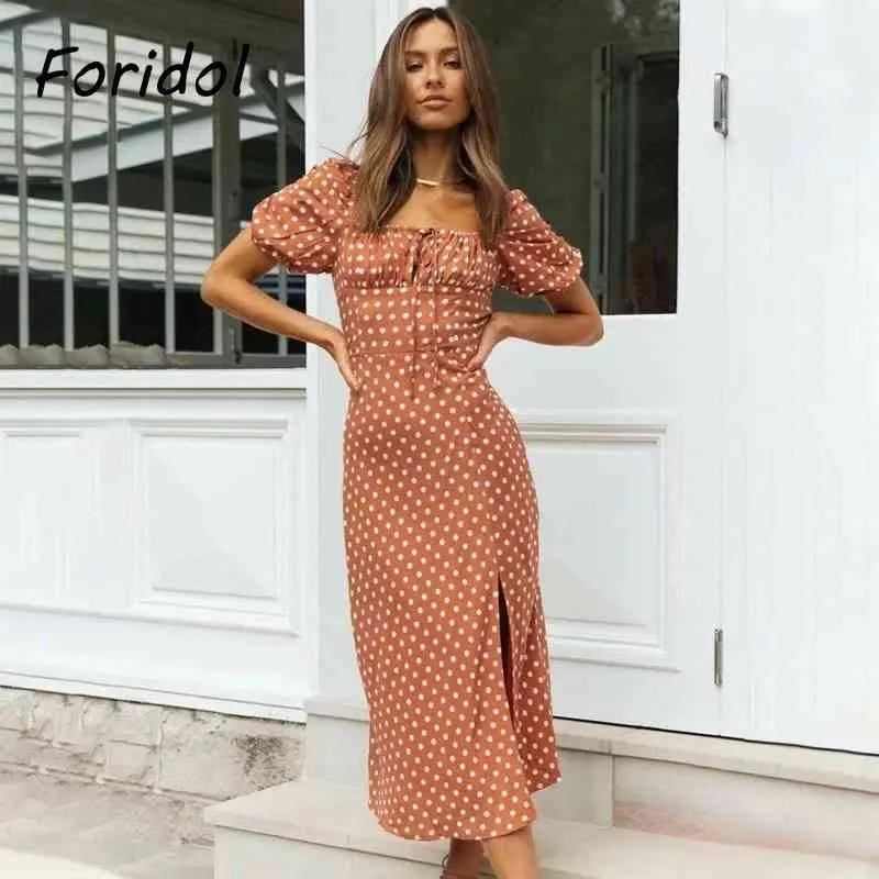 Polka Dot Long Women Summer Puff Sleeve Boho Maxi Lace Up Side Slit Brown Beach Vintage Dress 210415