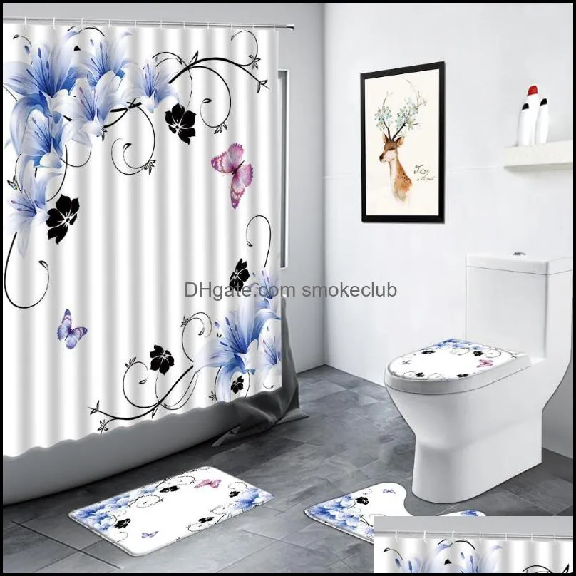 Shower Curtains Plants Floral Curtain Set Dandelion Flowers Tulip Fashion Luxury Bathroom Decor Carpet Non-slip Rug Toilet Cover Bath