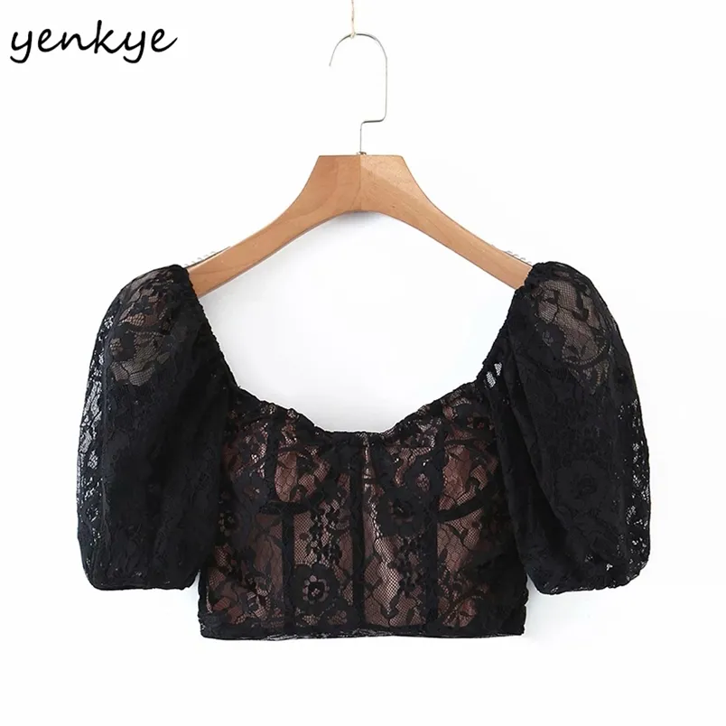 Mode femmes Crochet dentelle Blouse romantique col en V à manches courtes Sexy haut court été Chic Blusas 210514