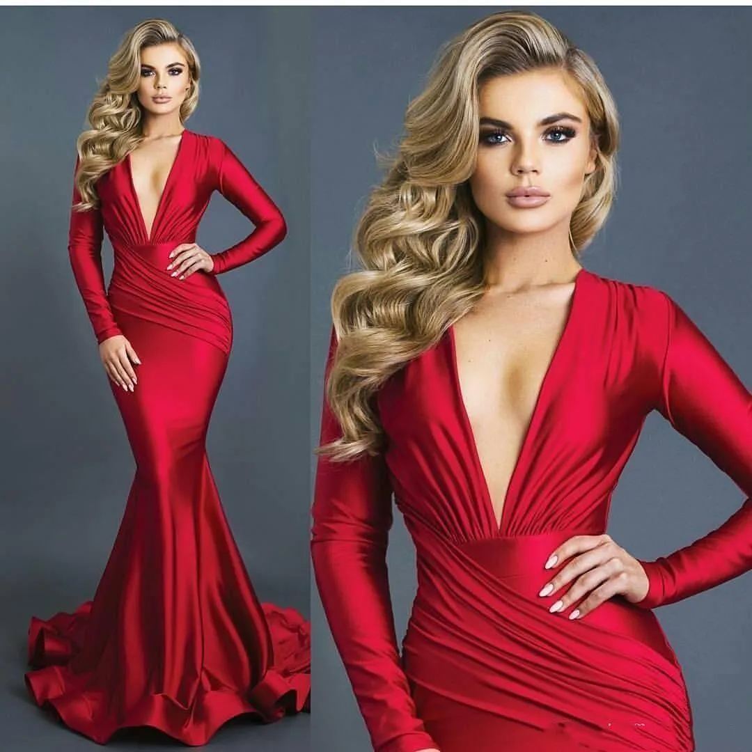 2022 Charming Red Mermaid Prom Dresses With Capped Long Sleeves Deep V Neck Satin Formal Evening Gowns For Women Special Occasion Wear Engagement Outfit Custom Size