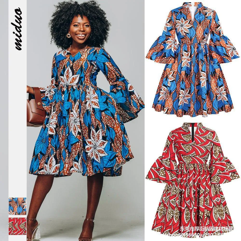 Frauen Afrikanische Ankara Print Maxi Kleid Traditionelle Casual Outfits Kleidung Mode Lotus Sleeve V-ausschnitt Afrikanische Kleider Frauen 210422