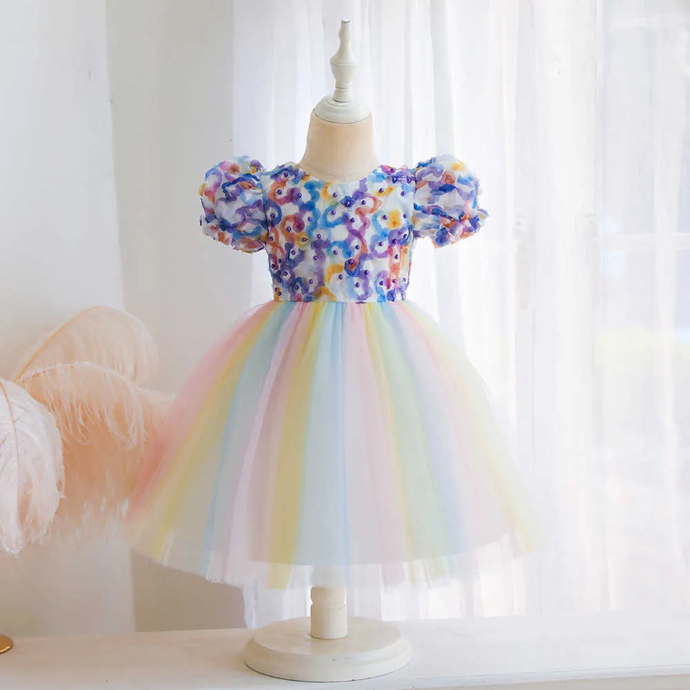 Colorful Girls Flower Dress for Kids Petals Rainbow Color Tulle Lolita Princess Toddler Party Costume 210529