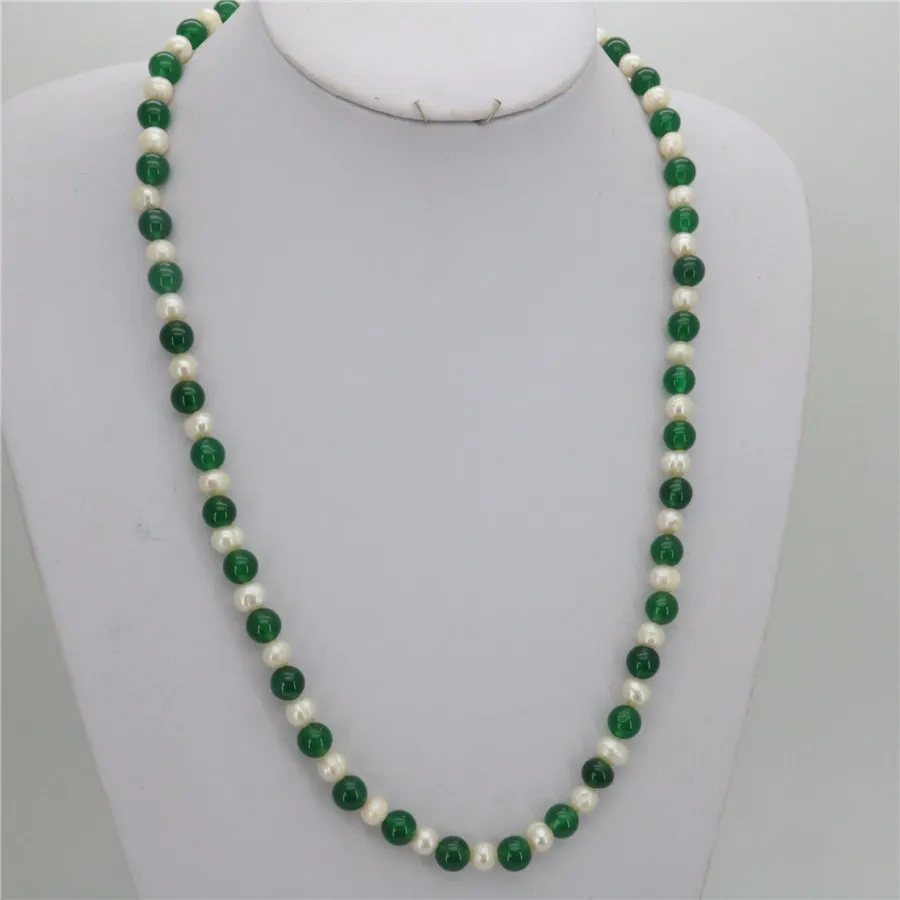 Colocación de perlas naturales blancas de 7-8mm, collar redondo de Calcedonia de ónix verde de 8mm, cadena larga para suéter, cuentas, joyería entera de 25 pulgadas