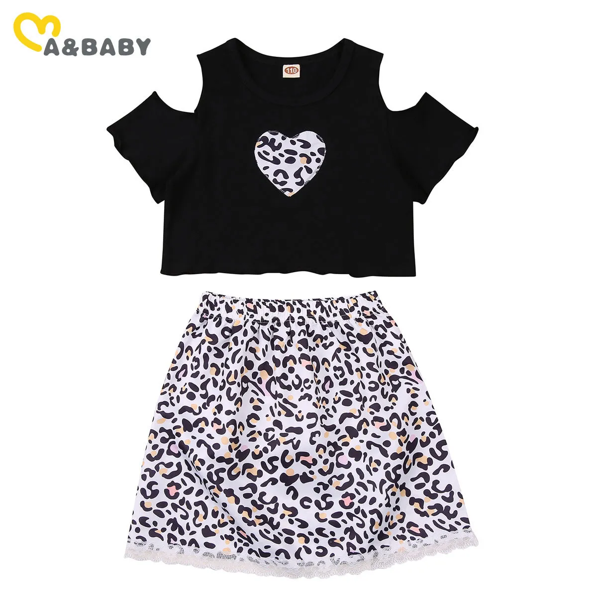 2-7Y Summer Fashion Bambino Kid Baby Girl Clothes Set Off Spalla Cuore Stampa T shirt Top Leopard Gonne Abiti Costumi 210515