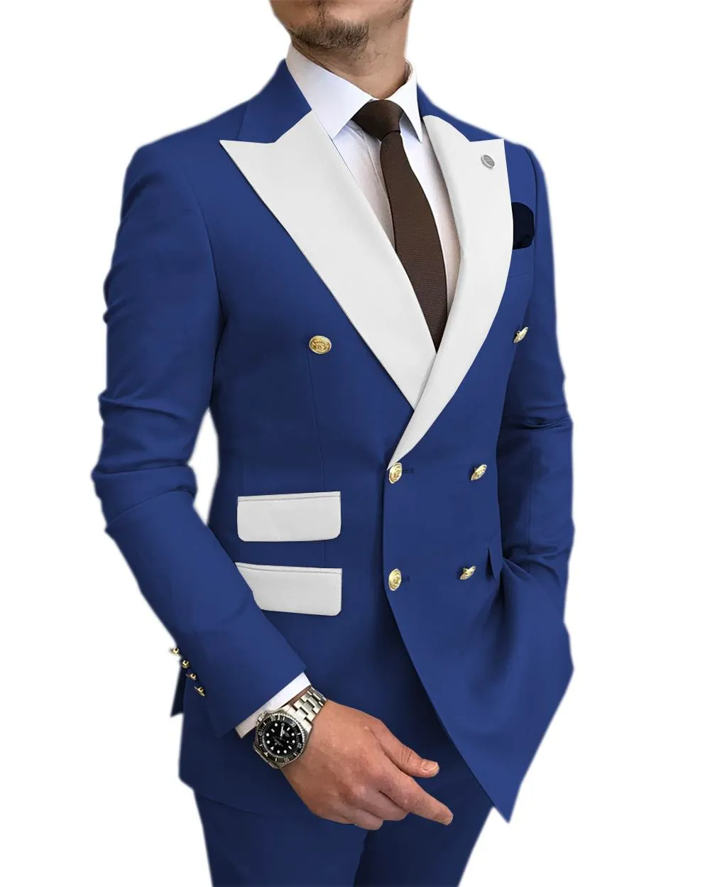 Doskonały Royal Blue Mens Ślubny Tuxedos Peak Peak Lapel Double-Breasted Groom Groomsmen Tuxedos Man Blazers Jacket Wysokiej jakości 2-częściowy garnitur (kurtka + spodnie + krawat) 180