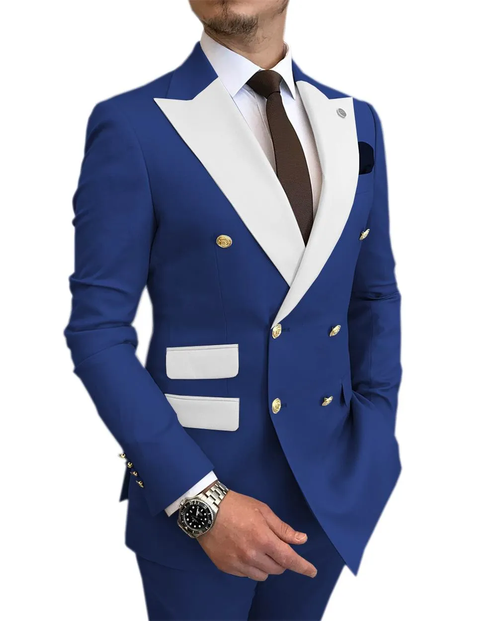 Excellent Royal Blue Mens Wedding Tuxedos Peak Lapel Double-Breasted Groom Groomsmen Tuxedos Man Blazers Jacket High Quality 2 Piece Suit(Jacket+Pants+Tie) 180