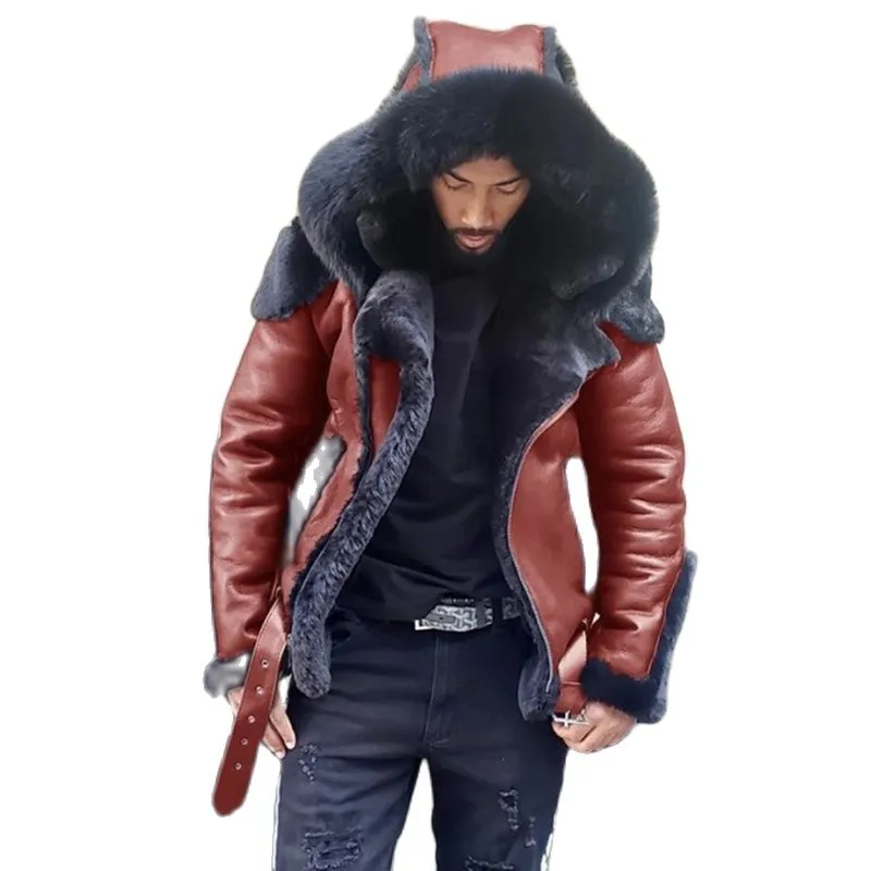 Mens Faux Fur Lined Leather Jacket Winter Warm Hooded Punk