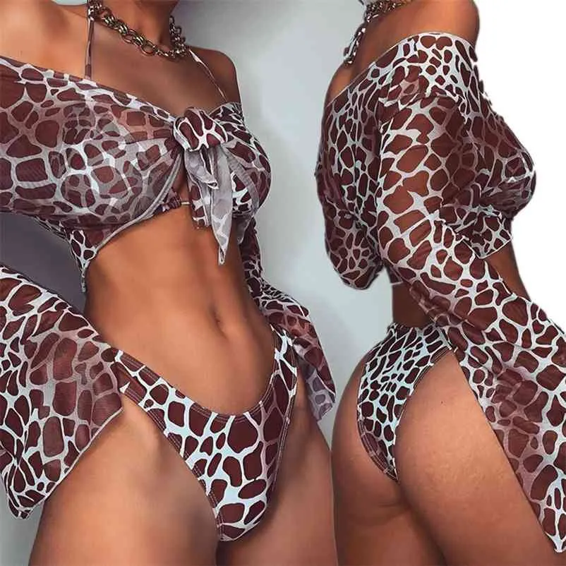 Leopard Swimsuit Sexy Bikinis Kobiety Letnia Plaża Kostium Kąpielowy Długi Rękaw Trójkąt Bikini Set 210621