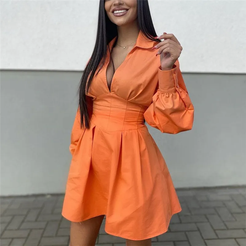 Casual Woman Orange Slim Hollow Out Shirt Dress 2021 Spring Lacing V Neck Beach Short Dresses Girls Y2K High Waisted Dresses X0521